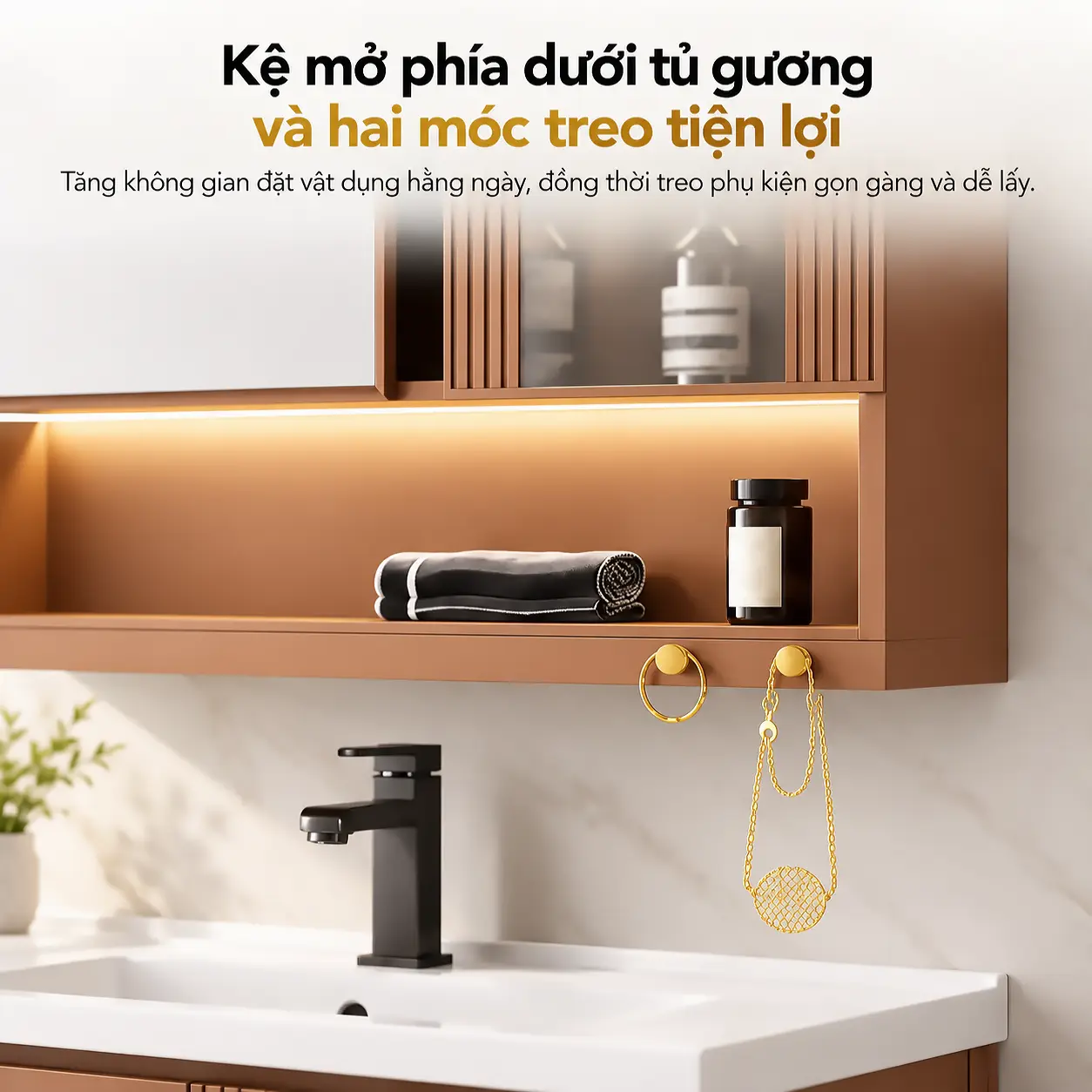 Kệ mở dưới tủ gương Eurolife BLV-AL23/AL24 kết hợp đèn LED và hai móc treo phụ kiện tiện lợi trong phòng tắm.