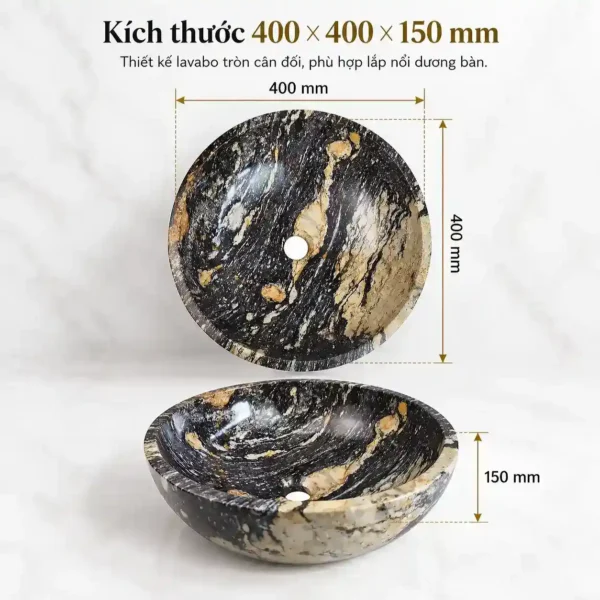 Kích thước chậu lavabo đá cuội tròn Eurolife LVB-DTR4040 ngang 400mm sâu 400mm cao 150mm