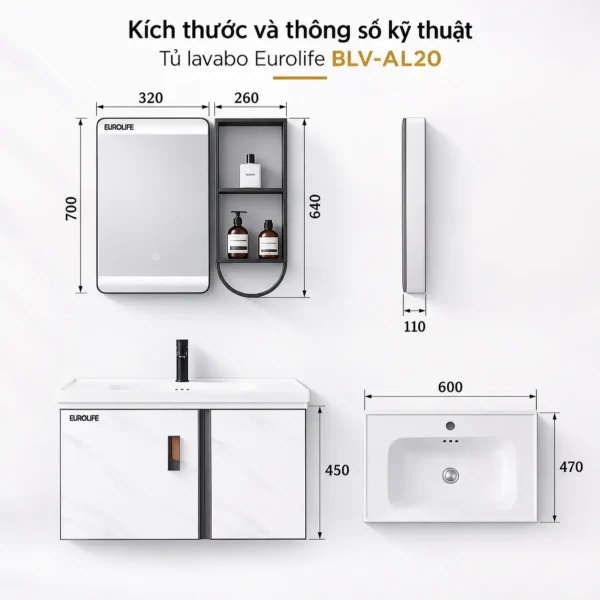 Bản vẽ kích thước tủ lavabo Eurolife BLV-AL20 với tủ dưới 600 × 470 × 450mm, gương LED 320 × 700mm và kệ 260 × 110 × 640mm.