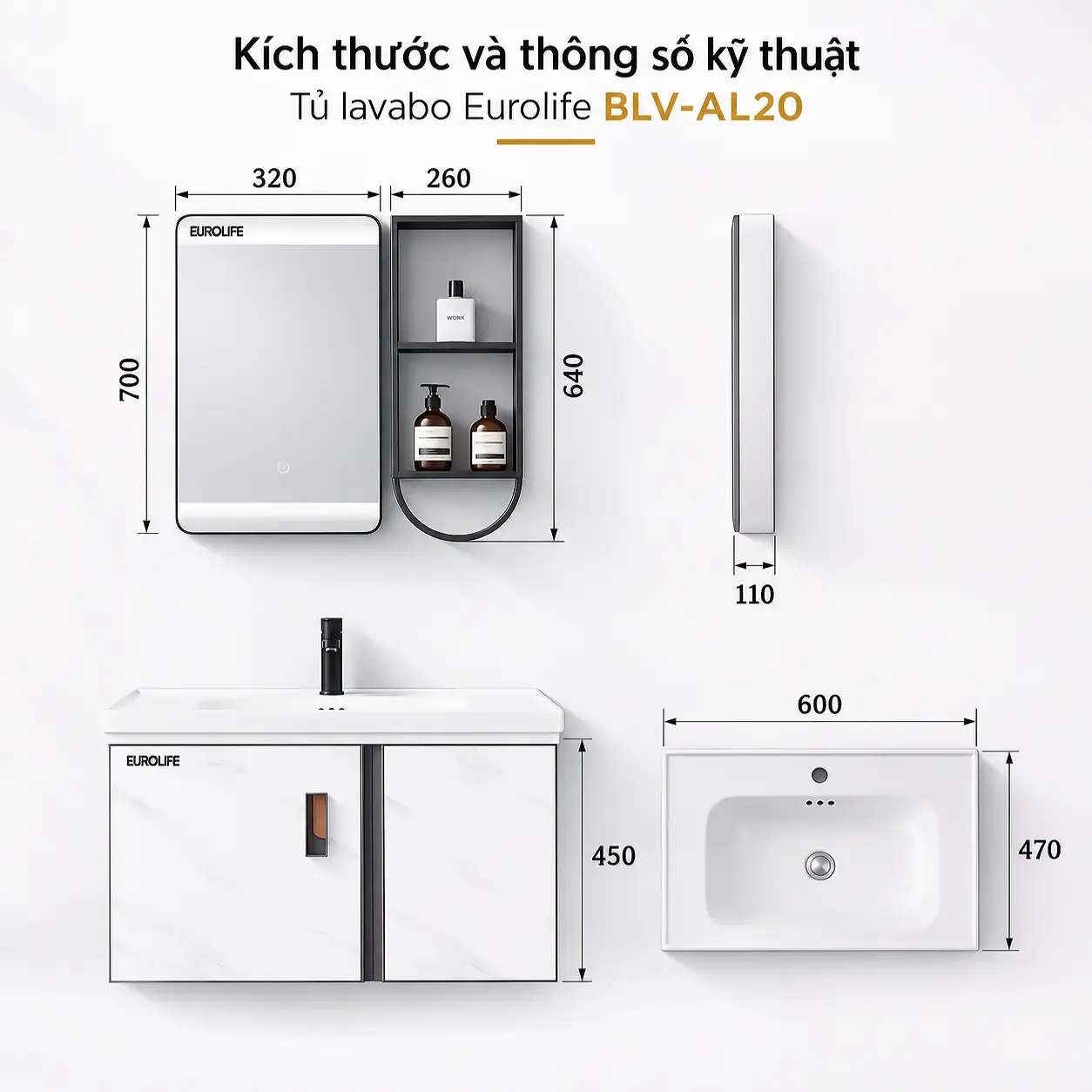 Bản vẽ kích thước tủ lavabo Eurolife BLV-AL20 với tủ dưới 600 × 470 × 450mm, gương LED 320 × 700mm và kệ 260 × 110 × 640mm.