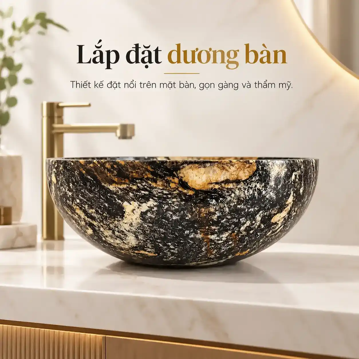 Chậu lavabo đá cuội tròn Eurolife LVB-DTR4040 lắp đặt dương bàn trên mặt đá sáng phối vòi vàng đồng