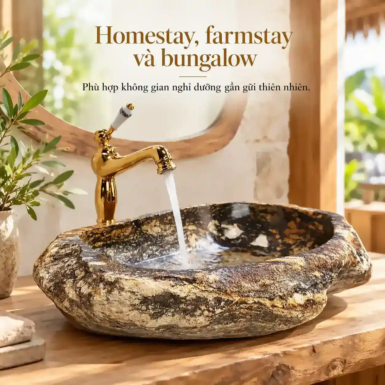 Lavabo đá cuội Eurolife LVB-DTN4150 bố trí trên bàn gỗ cho homestay farmstay và bungalow