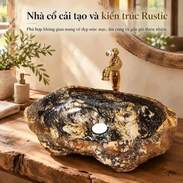 Lavabo đá cuội Eurolife LVB-DTN4150 trên bàn gỗ tự nhiên trong phòng tắm nhà cổ phong cách Rustic