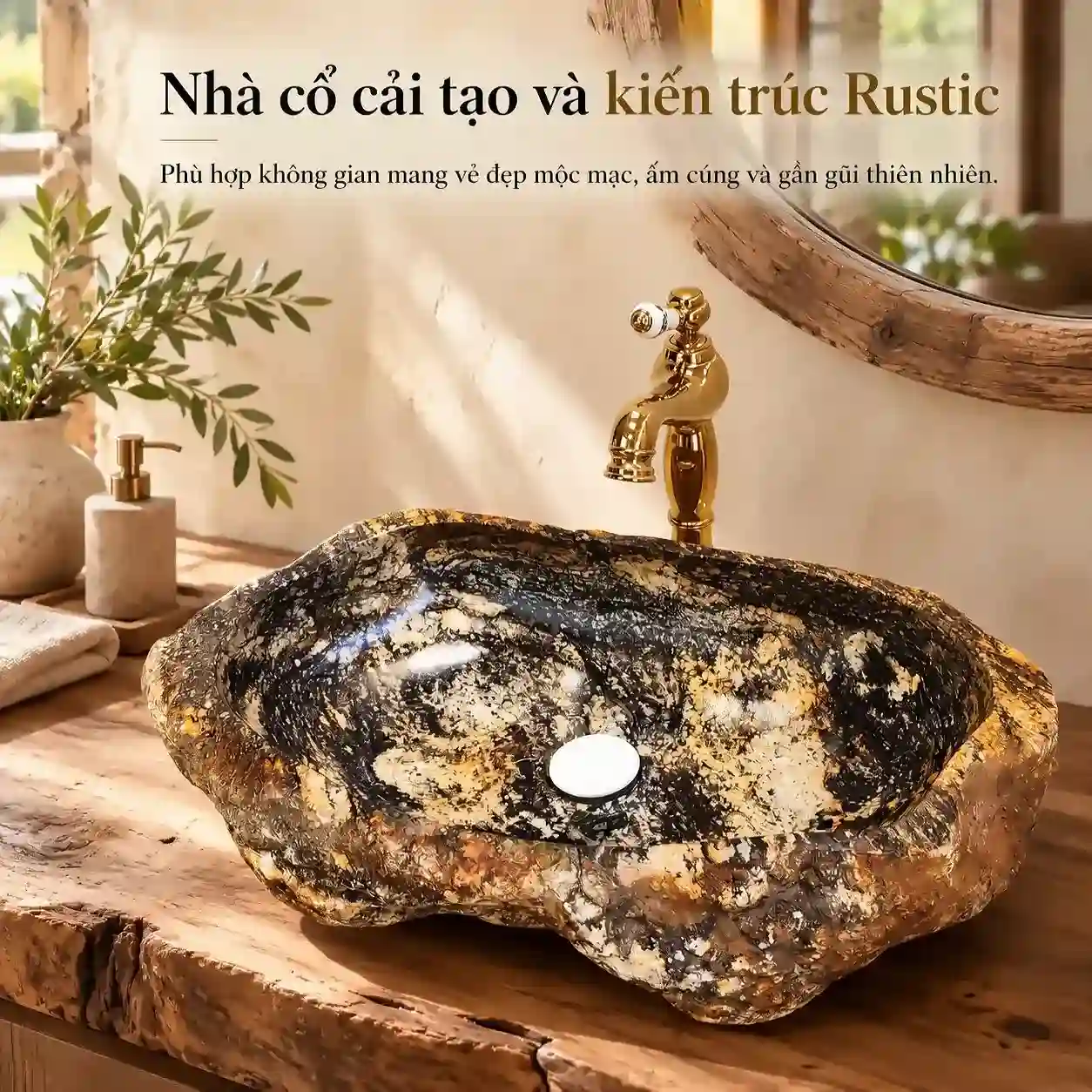 Lavabo đá cuội Eurolife LVB-DTN4150 trên bàn gỗ tự nhiên trong phòng tắm nhà cổ phong cách Rustic