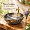 Chậu lavabo đá cuội tròn Eurolife LVB-DTR4040 trên bàn gỗ trong không gian nhà cổ cải tạo và nhà vườn