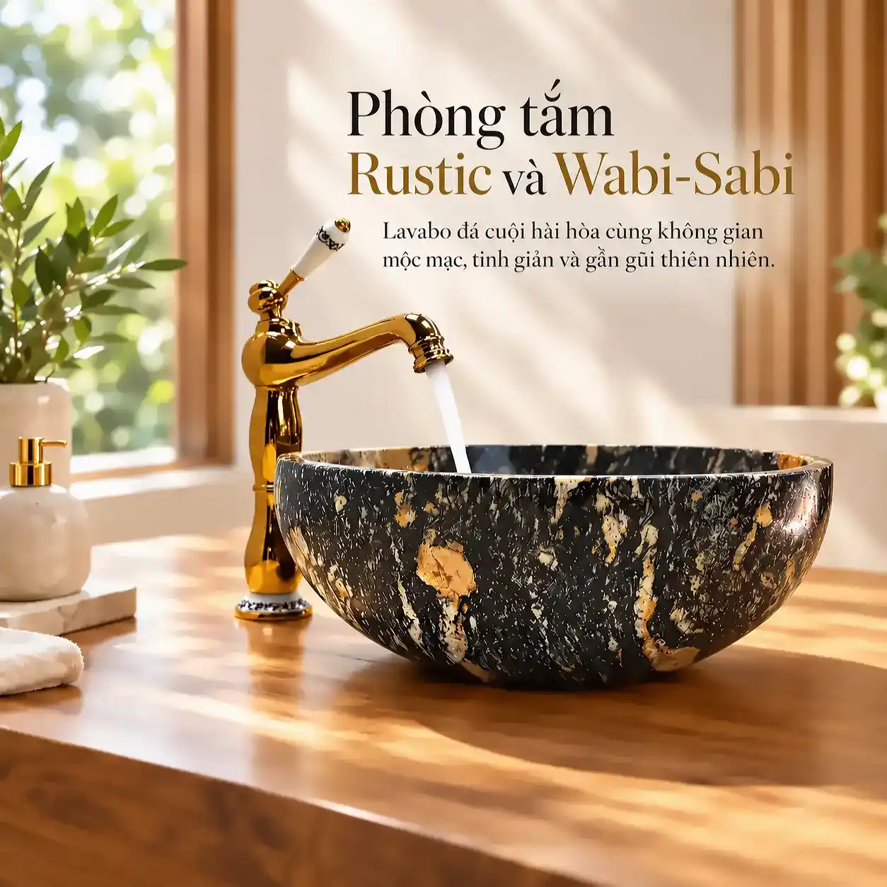 Chậu lavabo đá cuội tròn Eurolife LVB-DTR4040 phối bàn gỗ và vòi vàng đồng trong phòng tắm Rustic Wabi-Sabi