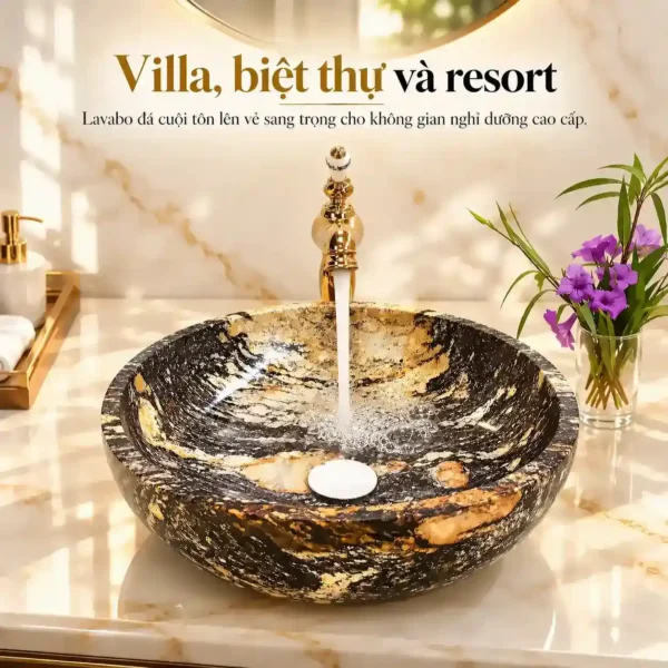 Chậu lavabo đá cuội tròn Eurolife LVB-DTR4040 phối vòi vàng đồng trong phòng tắm villa biệt thự và resort