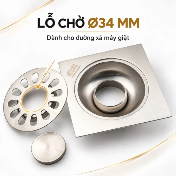 Lỗ chờ Ø34 mm dành cho đường xả máy giặt trên thoát sàn Eurolife EL-HG-X11