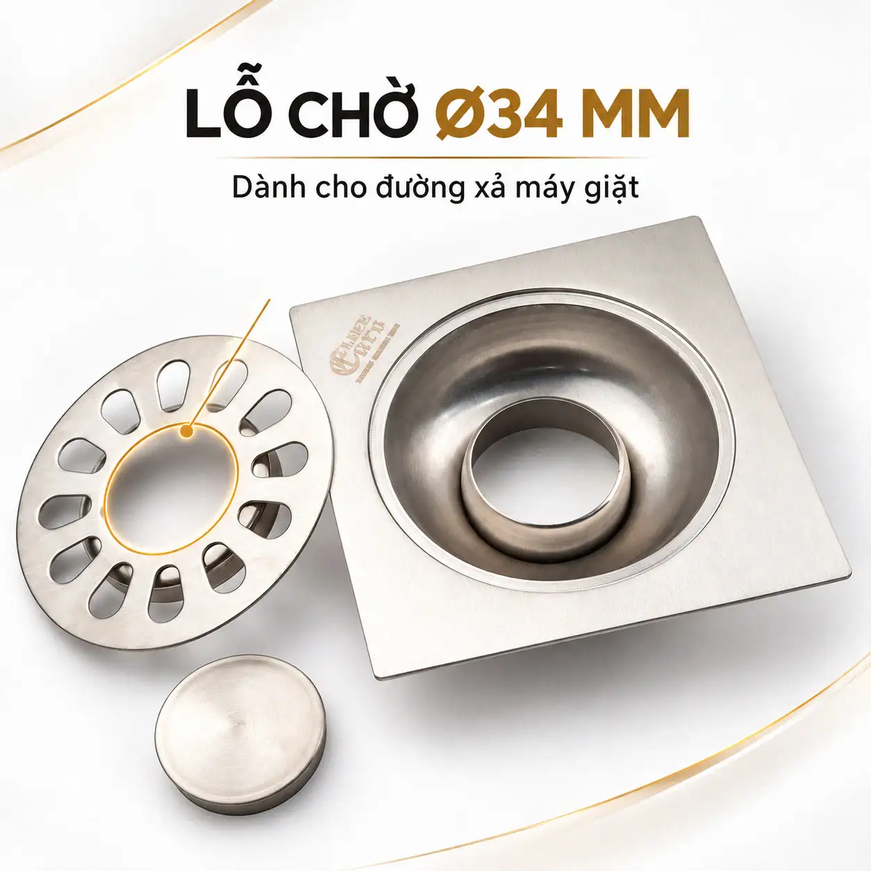 Lỗ chờ Ø34 mm dành cho đường xả máy giặt trên thoát sàn Eurolife EL-HG-X11