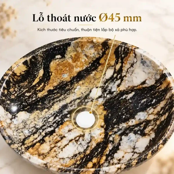 Lỗ thoát nước Ø45mm dưới đáy chậu lavabo đá cuội tròn Eurolife LVB-DTR4040 với lòng chậu đánh bóng