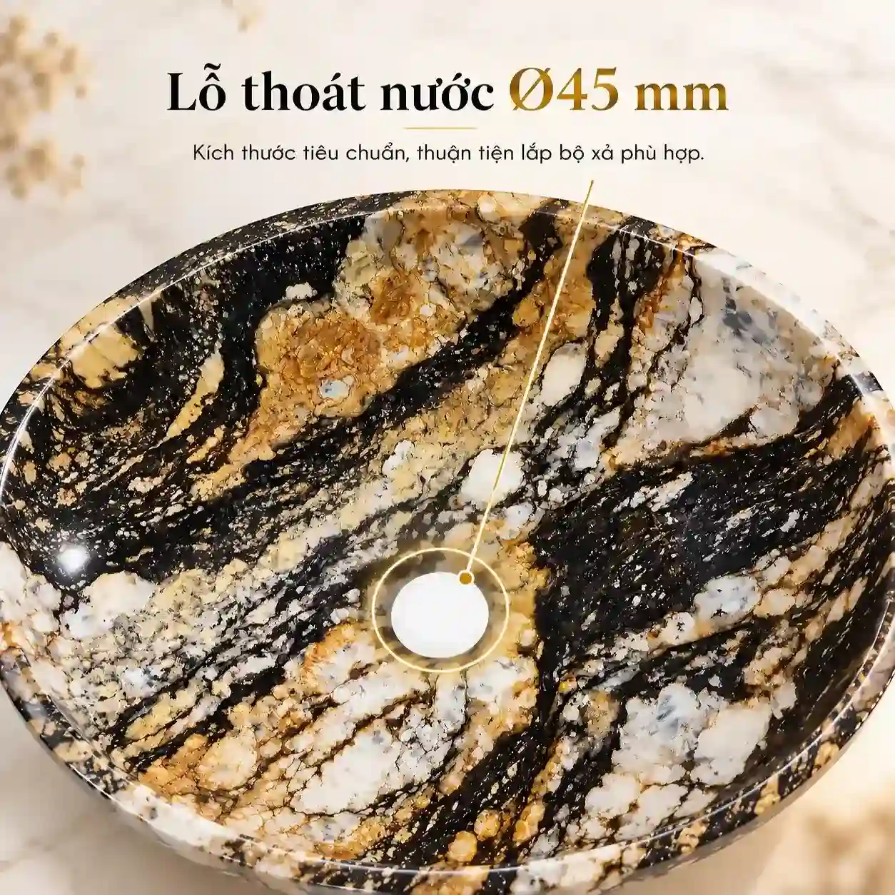 Lỗ thoát nước Ø45mm dưới đáy chậu lavabo đá cuội tròn Eurolife LVB-DTR4040 với lòng chậu đánh bóng