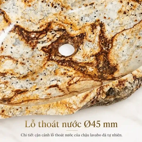 Cận cảnh lỗ thoát nước Ø45 mm của chậu lavabo đá cuội tự nhiên Eurolife LVB-DTN4150