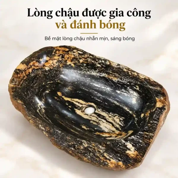 Lòng chậu đá cuội Eurolife LVB-DTN4150 được gia công đánh bóng với đường vân đá đen vàng tự nhiên