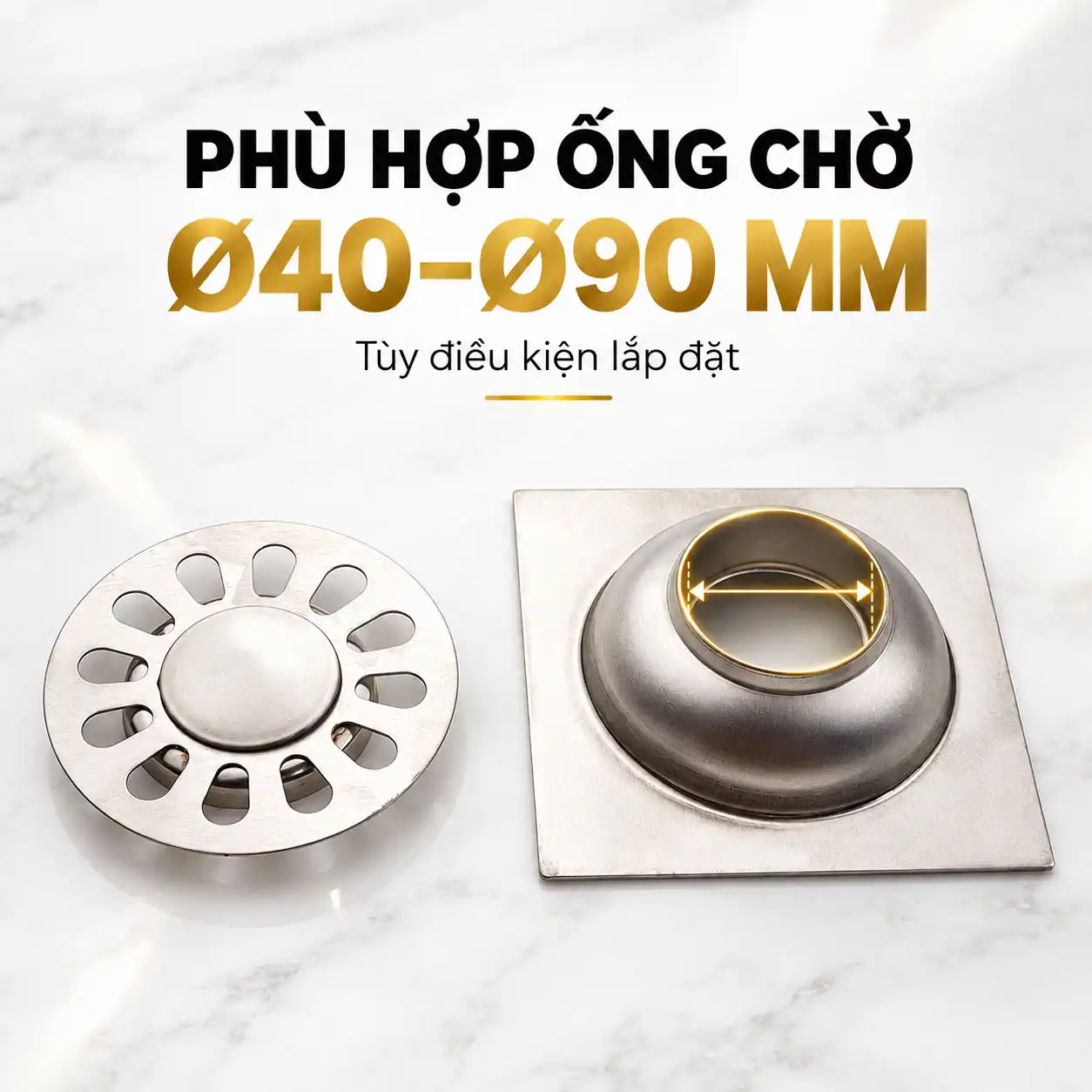 Thoát sàn Eurolife EL-HG-X11 phù hợp ống chờ khoảng Ø40 đến Ø90 mm tùy điều kiện lắp đặt