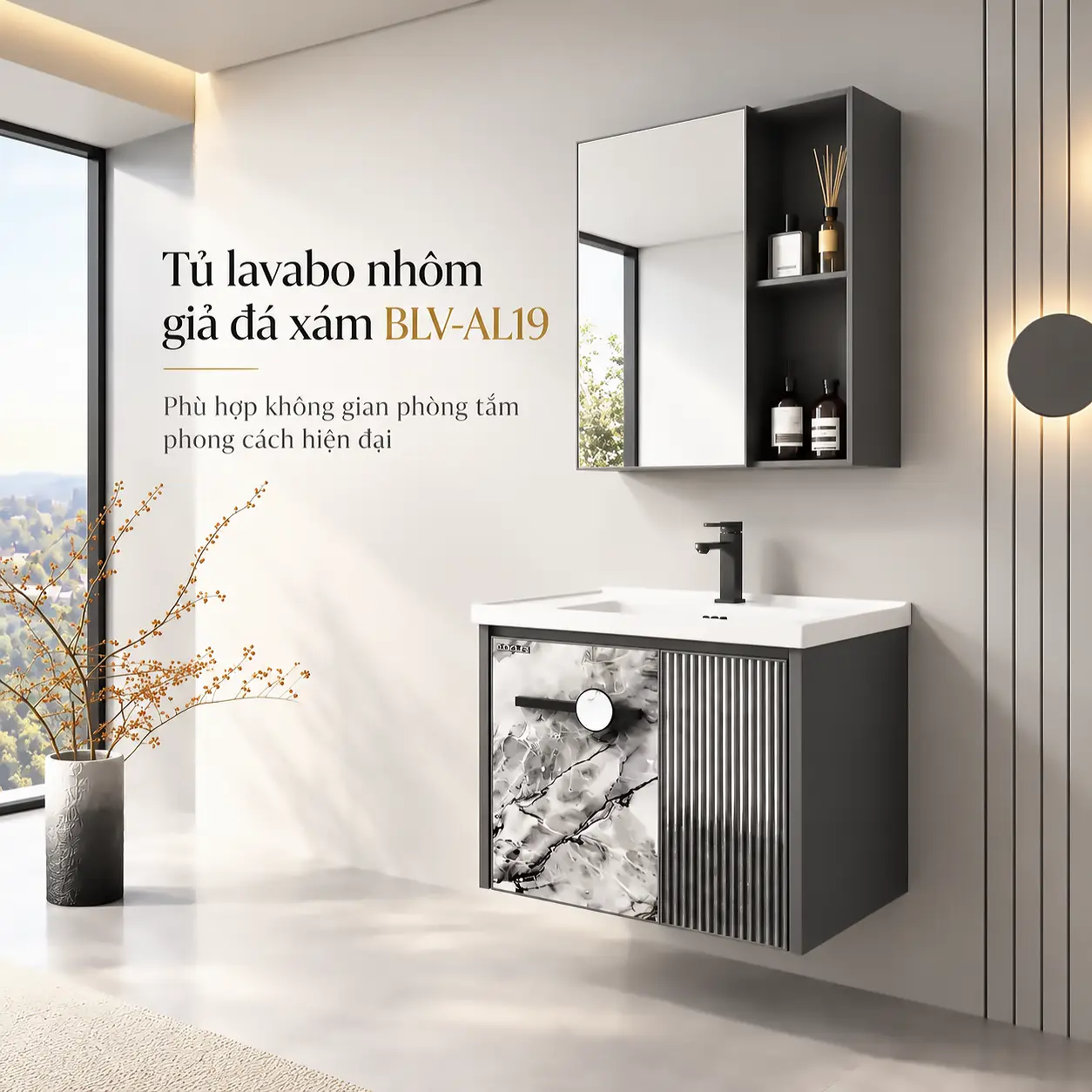 Không gian phòng tắm hiện đại bố trí bộ tủ lavabo nhôm Eurolife BLV-AL19 giả đá xám phối sọc dọc, tủ gương kệ mở treo tường