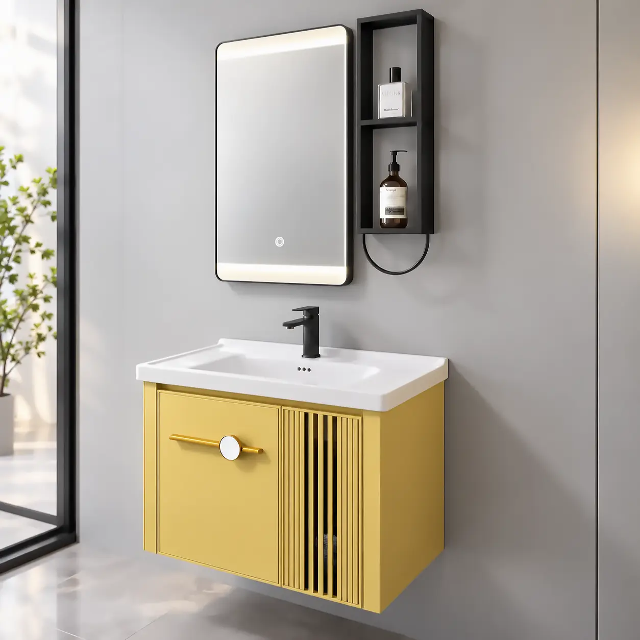 Bộ tủ lavabo nhôm Eurolife BLV-AL21 màu vàng 60cm treo tường trong phòng tắm hiện đại, kết hợp gương LED và kệ mở màu đen
