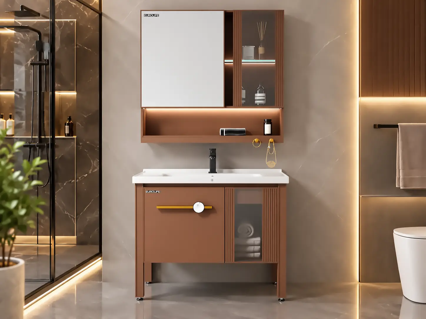 Không gian phòng tắm sang trọng tông nâu ấm kết hợp bộ tủ lavabo nhôm Eurolife BLV-AL23/AL24 màu nâu gụ và gương LED.