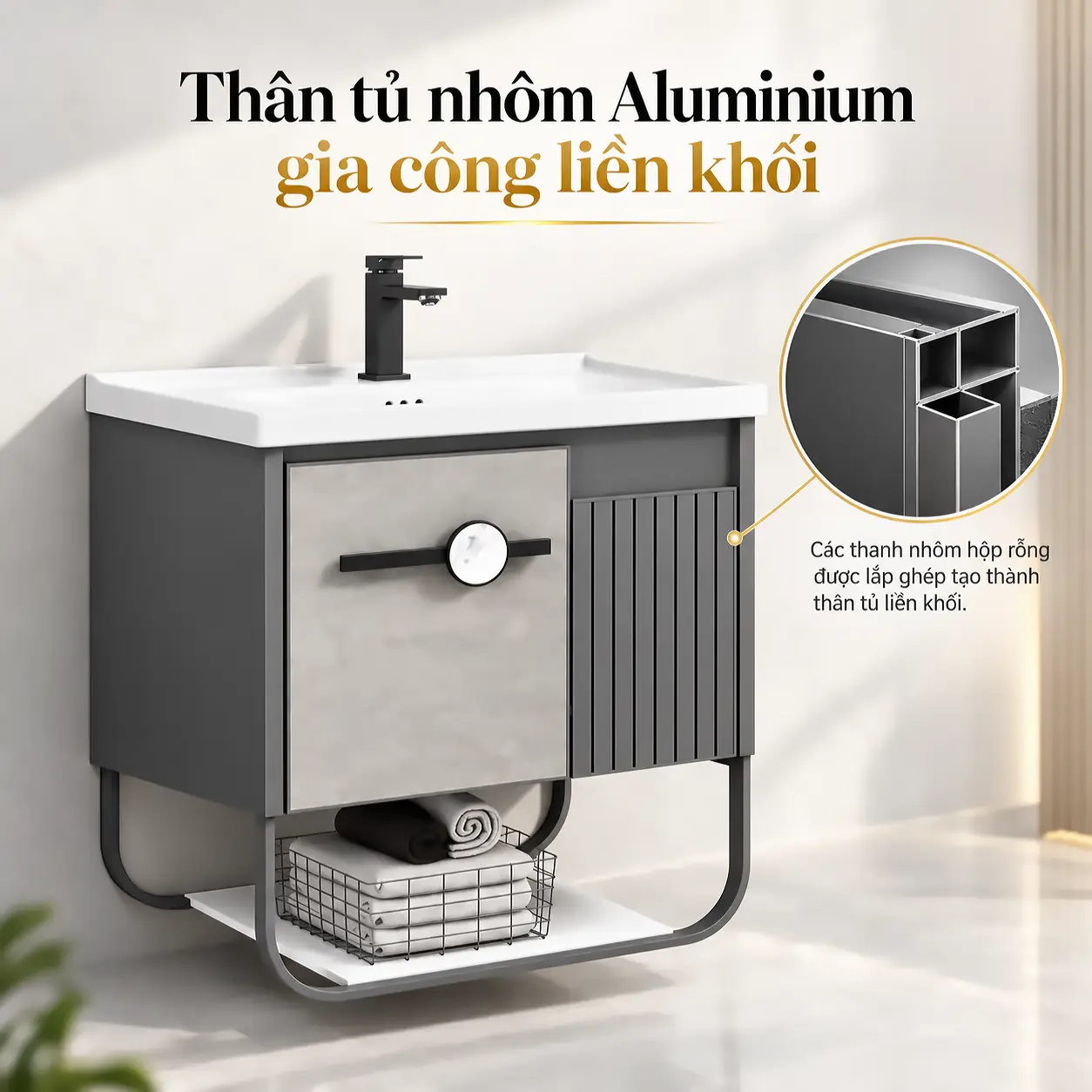 Thân tủ lavabo nhôm Aluminium Eurolife BLV-AL18 gia công liền khối, minh họa kết cấu thanh nhôm và thiết kế tủ hai cánh.