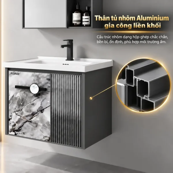 Thân tủ lavabo Eurolife BLV-AL19 bằng nhôm thanh Aluminium gia công liền khối, kèm hình minh họa cấu trúc thanh nhôm dạng hộp rỗng