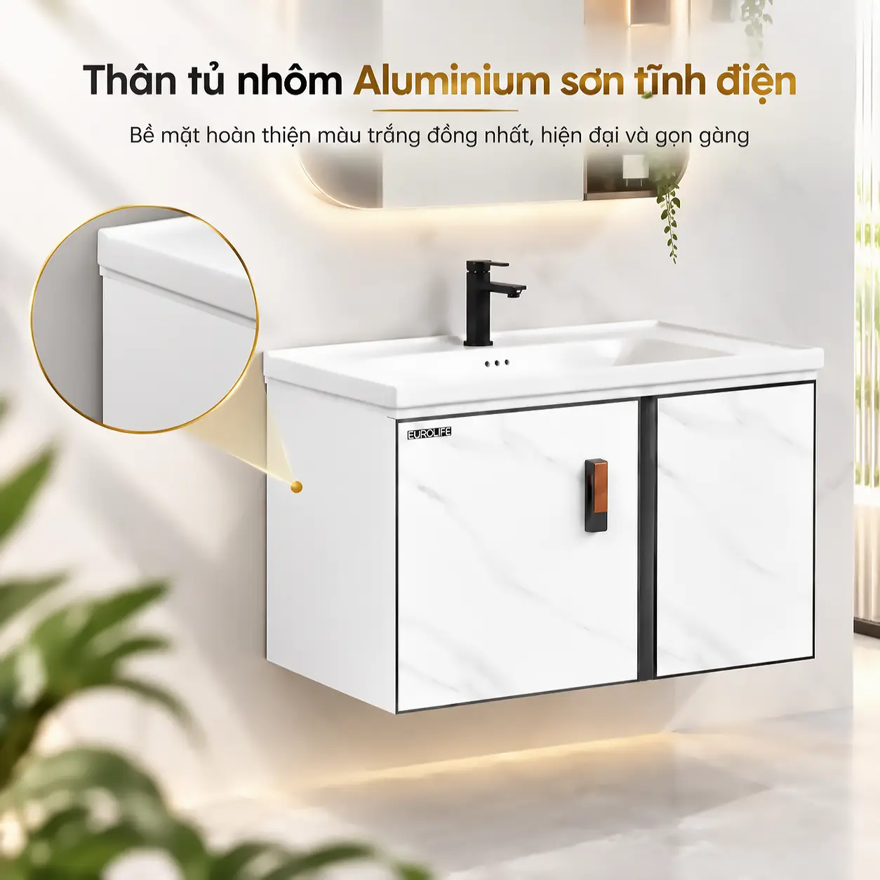 Thân tủ lavabo nhôm Eurolife BLV-AL20 sơn tĩnh điện màu trắng vân đá, phối khung viền tối màu và chậu sứ trắng.