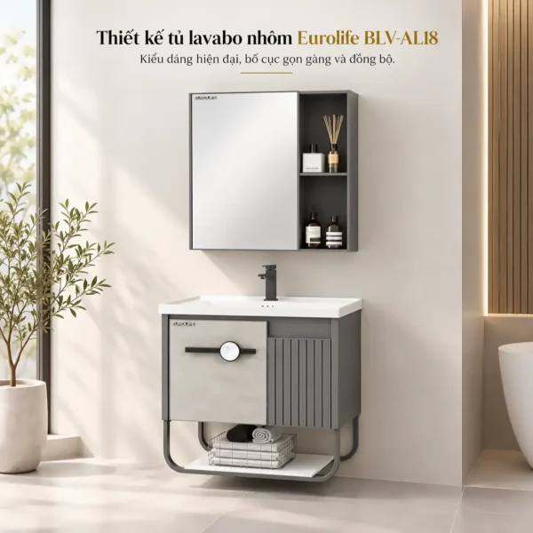 Toàn cảnh bộ tủ lavabo nhôm Eurolife BLV-AL18 ngang 60cm với tủ gương, chậu sứ trắng, hai cánh xám sọc dọc và giá treo dưới tủ.