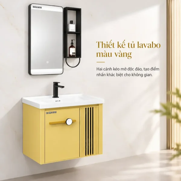 Thiết kế hai cánh kéo mở của tủ lavabo nhôm Eurolife BLV-AL21 màu vàng, cánh trái phẳng có tay nắm ngang và cánh phải nan sọc dọc.