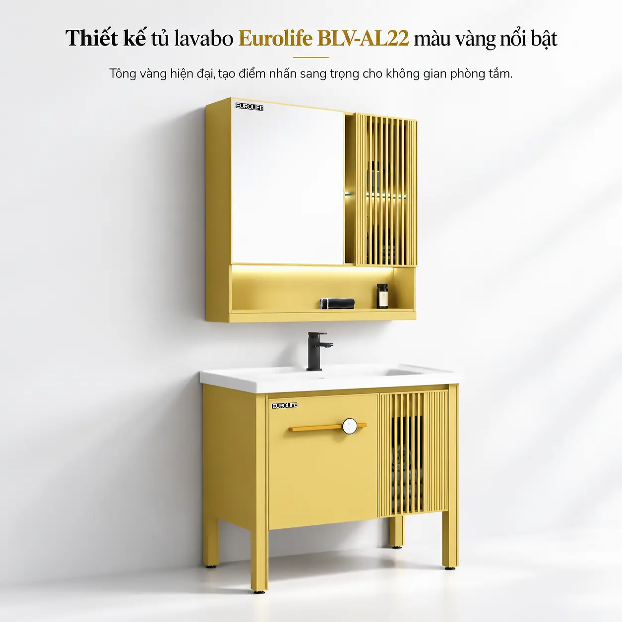 Thiết kế bộ tủ lavabo nhôm Eurolife BLV-AL22 màu vàng 80cm với tủ gương LED, chậu sứ trắng và chân đỡ Aluminium.