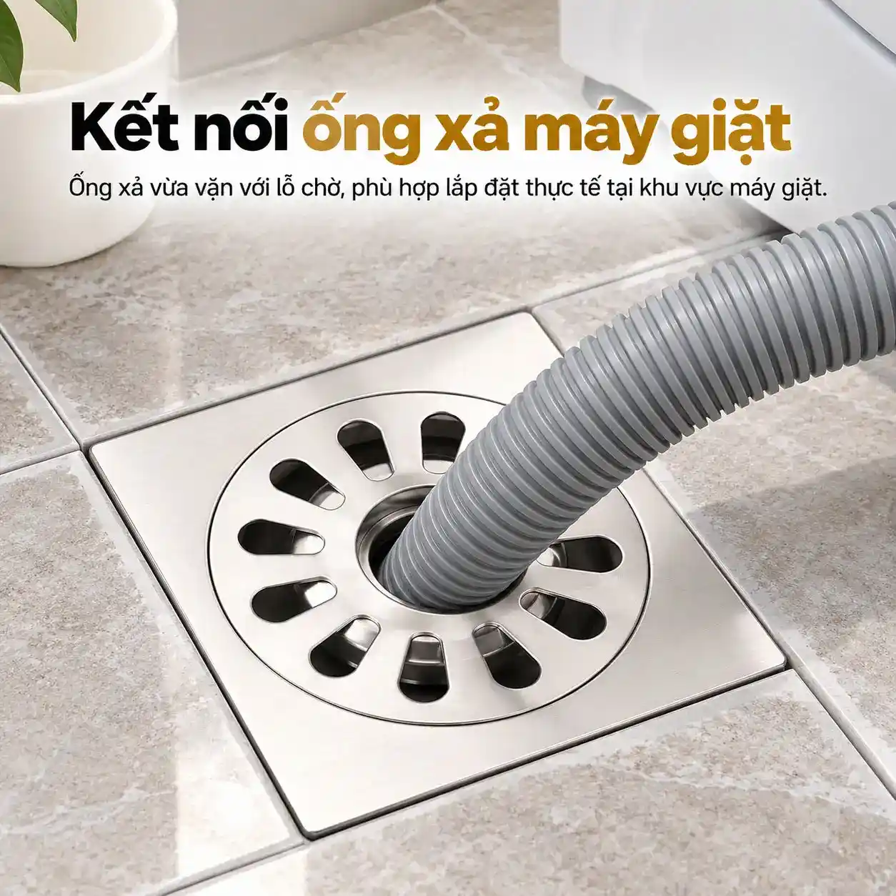 Thoát sàn 10x10 có lỗ xả máy giặt Eurolife EL-HG-X11 minh họa kết nối ống xả tại khu vực máy giặt