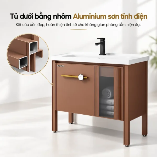 Tủ dưới nhôm Aluminium sơn tĩnh điện màu nâu gụ Eurolife BLV-AL23/AL24, minh họa mặt cắt thanh nhôm định hình rỗng.