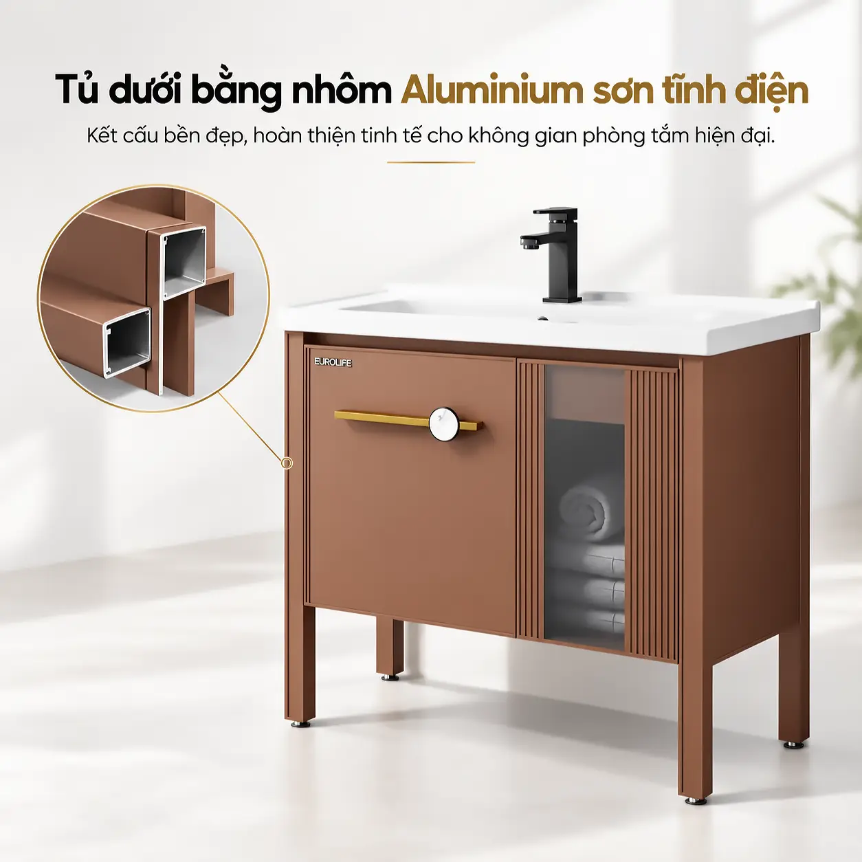 Tủ dưới nhôm Aluminium sơn tĩnh điện màu nâu gụ Eurolife BLV-AL23/AL24, minh họa mặt cắt thanh nhôm định hình rỗng.