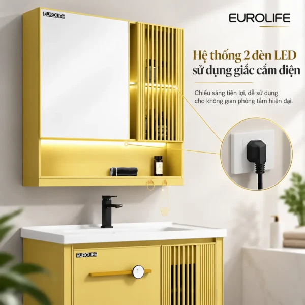 Tủ gương màu vàng Eurolife BLV-AL22 tích hợp 2 đèn LED sử dụng giắc cắm điện, minh họa vị trí chiếu sáng và ổ cắm.