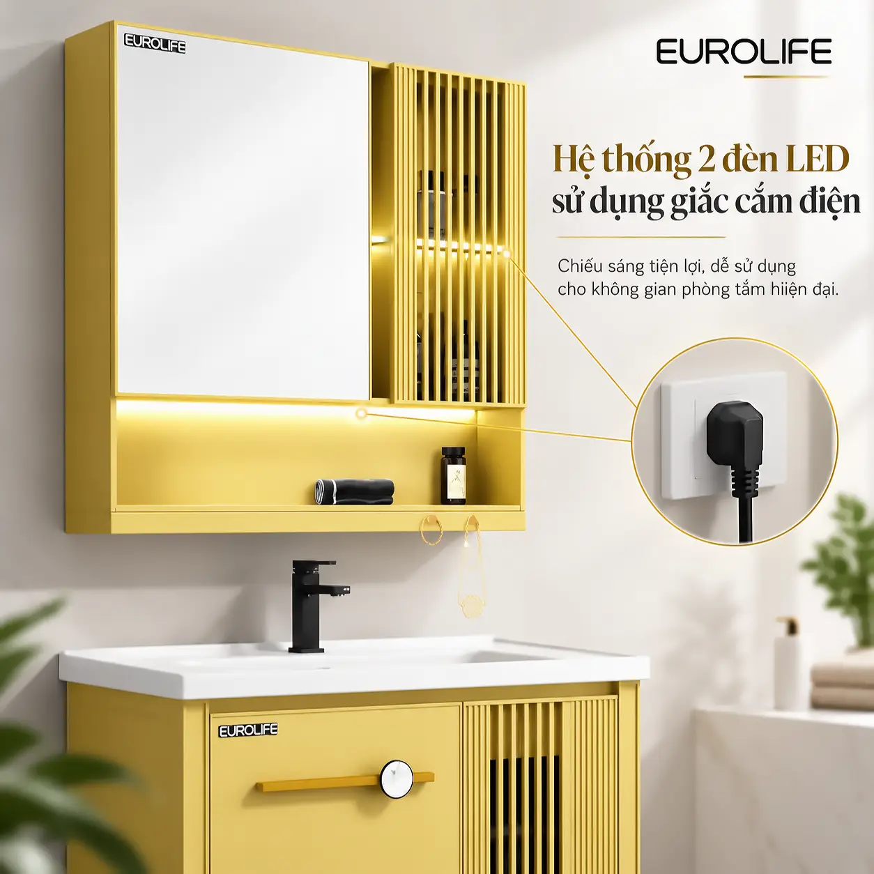 Tủ gương màu vàng Eurolife BLV-AL22 tích hợp 2 đèn LED sử dụng giắc cắm điện, minh họa vị trí chiếu sáng và ổ cắm.