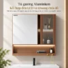 Tủ gương nhôm Aluminium Eurolife BLV-AL23/AL24 màu nâu gụ có đèn LED, khoang chứa đồ bên phải và kệ mở phía dưới.