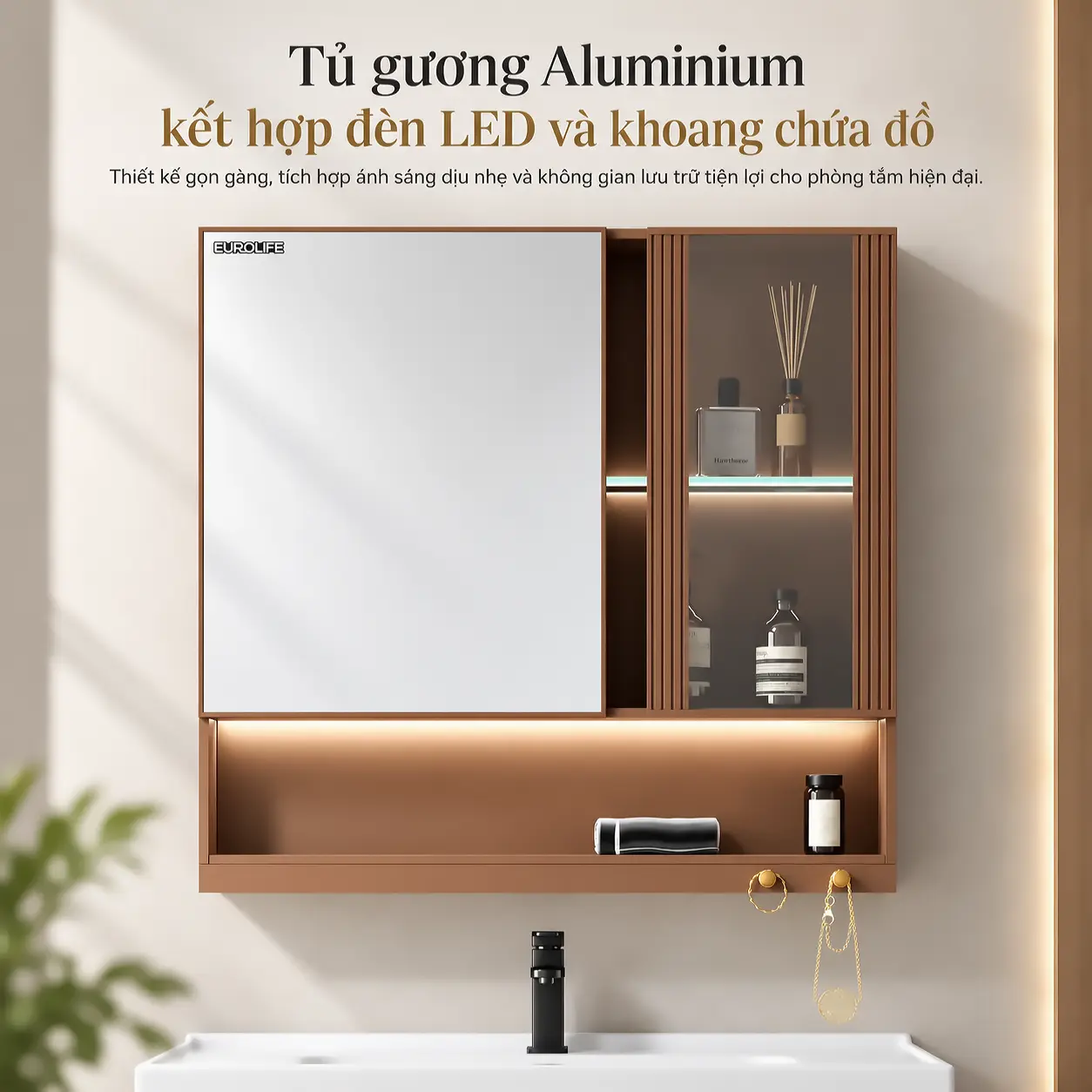 Tủ gương nhôm Aluminium Eurolife BLV-AL23/AL24 màu nâu gụ có đèn LED, khoang chứa đồ bên phải và kệ mở phía dưới.