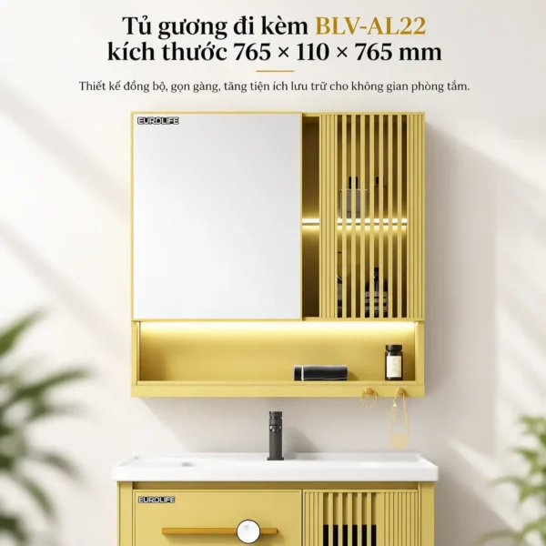 Tủ gương nhôm Aluminium màu vàng Eurolife BLV-AL22 kích thước 765 × 110 × 765 mm với cánh sọc dọc và kệ mở phía dưới.