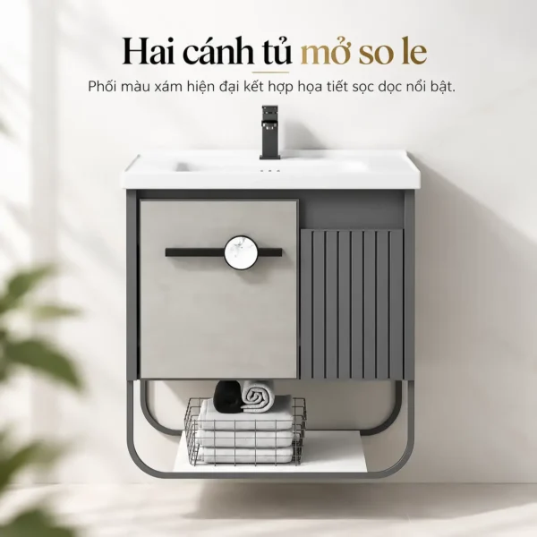 Mặt trước tủ lavabo nhôm Eurolife BLV-AL18 với hai cánh so le, cánh lớn xám sáng có núm tròn và cánh nhỏ xám đậm sọc dọc.