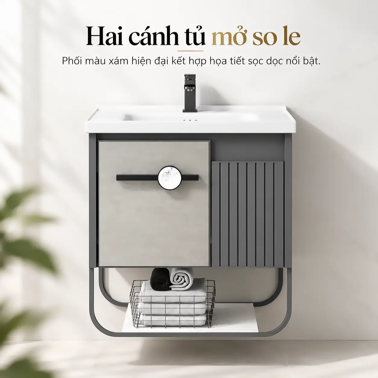 Mặt trước tủ lavabo nhôm Eurolife BLV-AL18 với hai cánh so le, cánh lớn xám sáng có núm tròn và cánh nhỏ xám đậm sọc dọc.