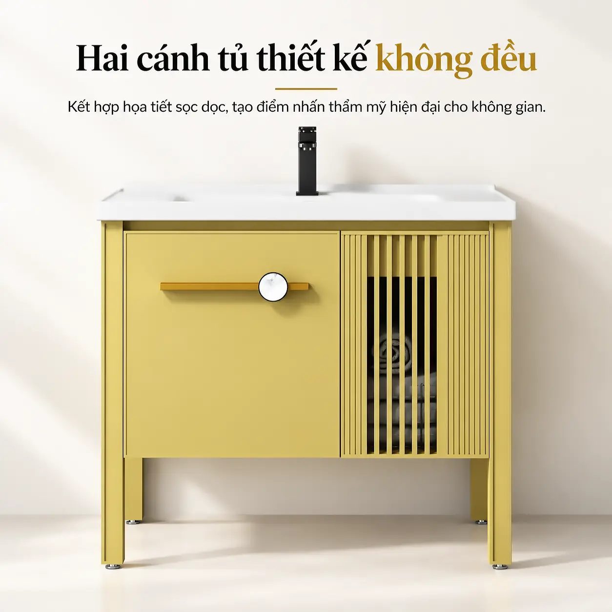 Tủ lavabo Eurolife BLV-AL22 màu vàng có hai cánh kích thước không đều, cánh trái tay nắm dài kết hợp núm tròn và cánh phải sọc dọc.