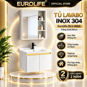 Tủ lavabo Inox 304 Eurolife BLV-IN04 trắng Gold 60cm gồm tủ dưới hai cánh, chậu sứ liền mặt và tủ gương, bảo hành 2 năm.