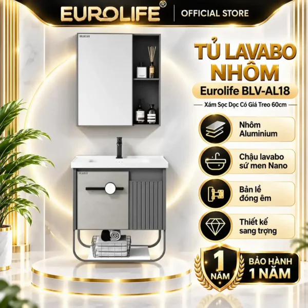 Tủ lavabo nhôm Eurolife BLV-AL18 màu xám sọc dọc 60cm có giá treo thép sơn tĩnh điện