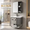 Bộ tủ lavabo nhôm Eurolife BLV-AL18 màu xám sọc dọc có giá treo, lắp đặt trong không gian phòng tắm hiện đại.