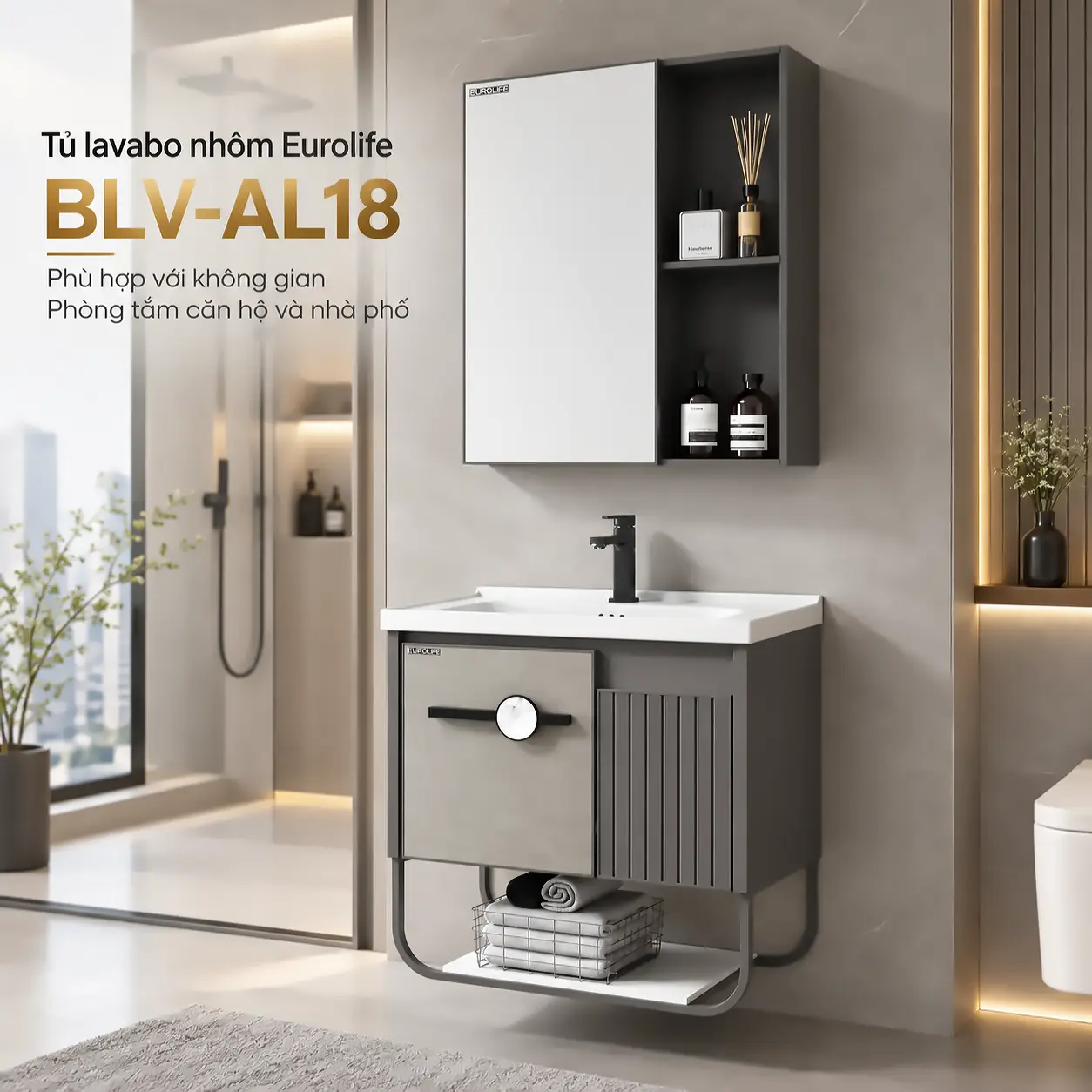 Bộ tủ lavabo nhôm Eurolife BLV-AL18 màu xám sọc dọc có giá treo, lắp đặt trong không gian phòng tắm hiện đại.