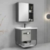 Tủ lavabo nhôm Eurolife BLV-AL18 màu xám phối sọc dọc, có giá treo thép và tủ gương trong phòng tắm phong cách tối giản.