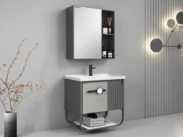 Tủ lavabo nhôm Eurolife BLV-AL18 màu xám phối sọc dọc, có giá treo thép và tủ gương trong phòng tắm phong cách tối giản.