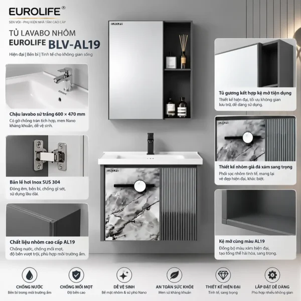 Tủ lavabo nhôm Eurolife BLV-AL19 60cm giả đá trắng xám phối sọc dọc với hình minh họa chậu Nano, bản lề SUS 304 và tủ gương kệ mở