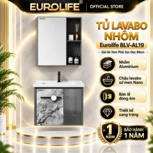 Tủ lavabo nhôm Eurolife BLV-AL19 giả đá xám phối sọc dọc 60cm, chậu sứ Nano và tủ gương hai tầng kệ mở