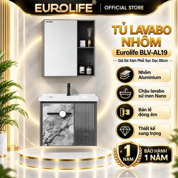 Tủ lavabo nhôm Eurolife BLV-AL19 giả đá xám phối sọc dọc 60cm, chậu sứ Nano và tủ gương hai tầng kệ mở