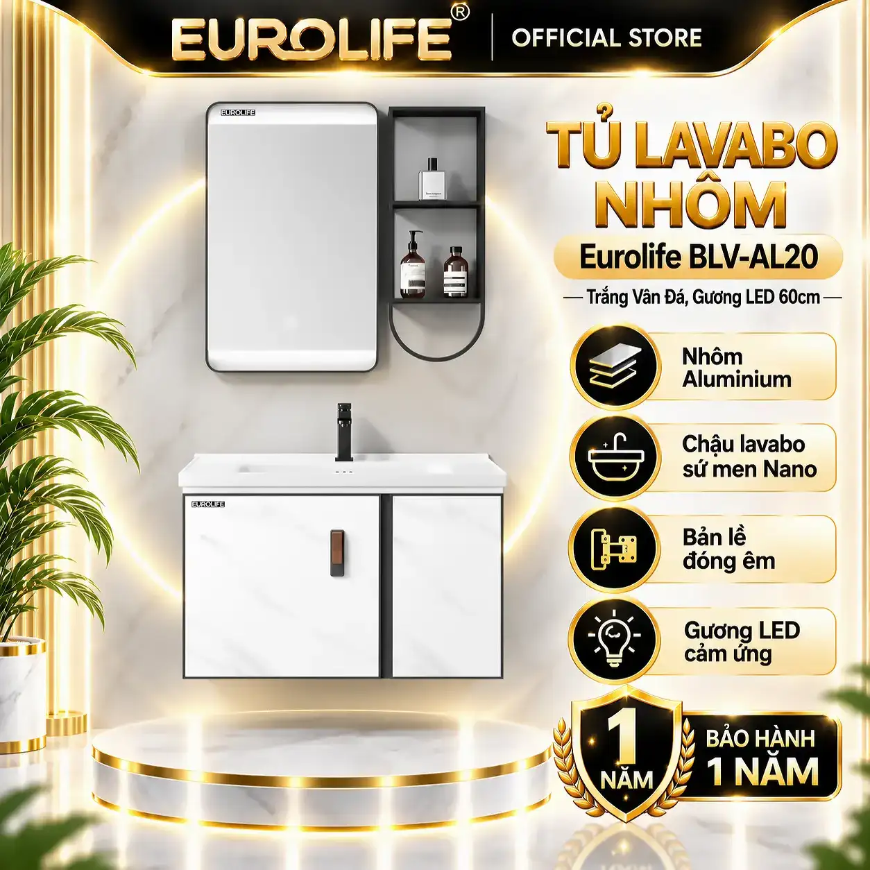 Tủ lavabo nhôm Eurolife BLV-AL20 trắng vân đá 60cm, gương LED cảm ứng và kệ mở bên phải