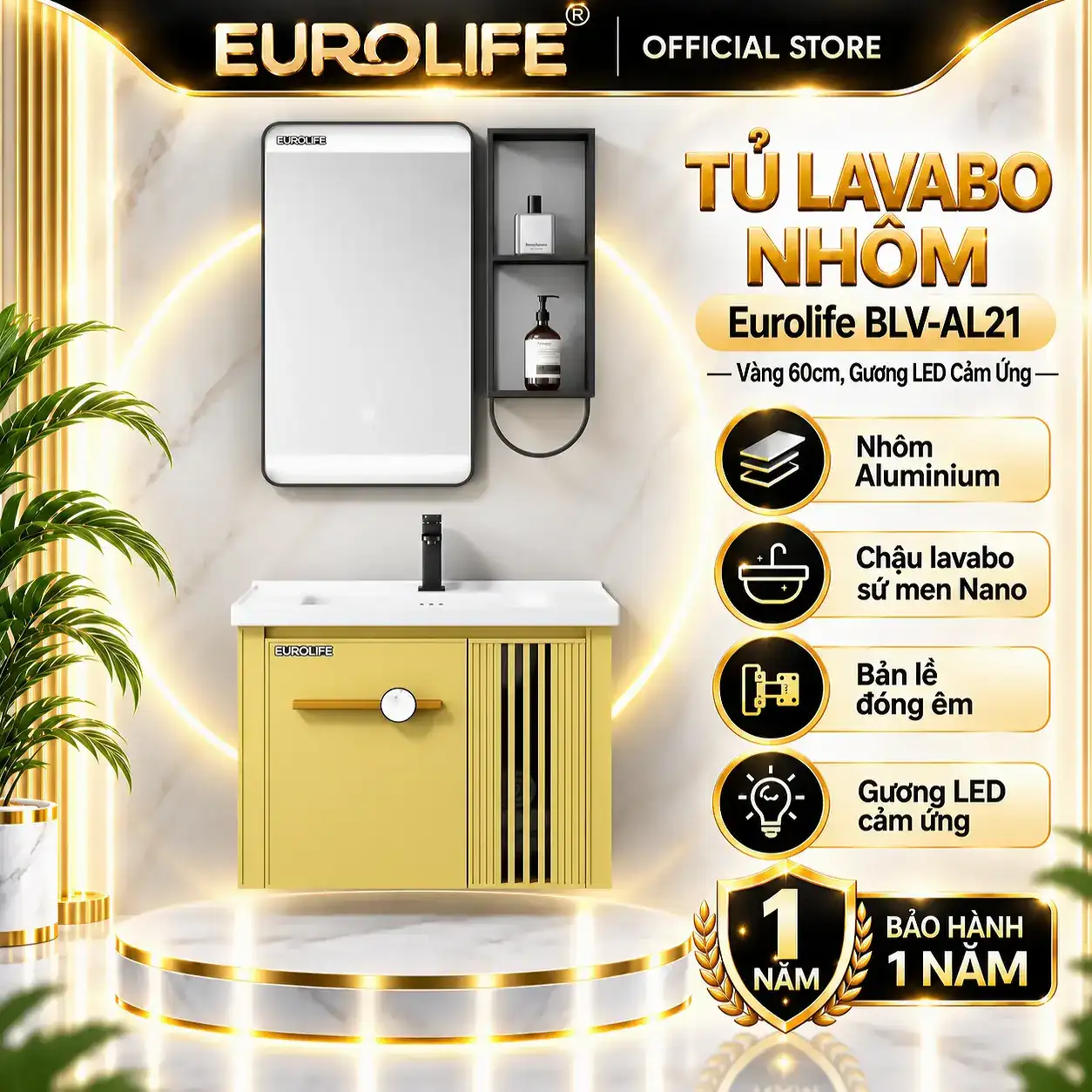 Tủ lavabo nhôm Eurolife BLV-AL21 màu vàng 60cm, gương LED cảm ứng, chậu sứ men Nano và kệ mở hai tầng