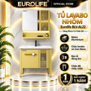 Tủ lavabo nhôm Eurolife BLV-AL22 màu vàng 80cm có chân đỡ Aluminium, chậu sứ Nano và tủ gương LED